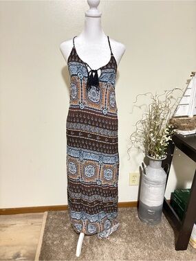 Entro Blue and Brown Backless Maxi Dress